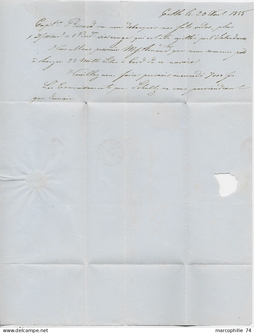 FRANCE N° 14 TOUCHE PC 2128 AMBULANT  ESSAI MONTPELLIER A CETTE 1855 LETTRE COVER B/TB - Railway Post