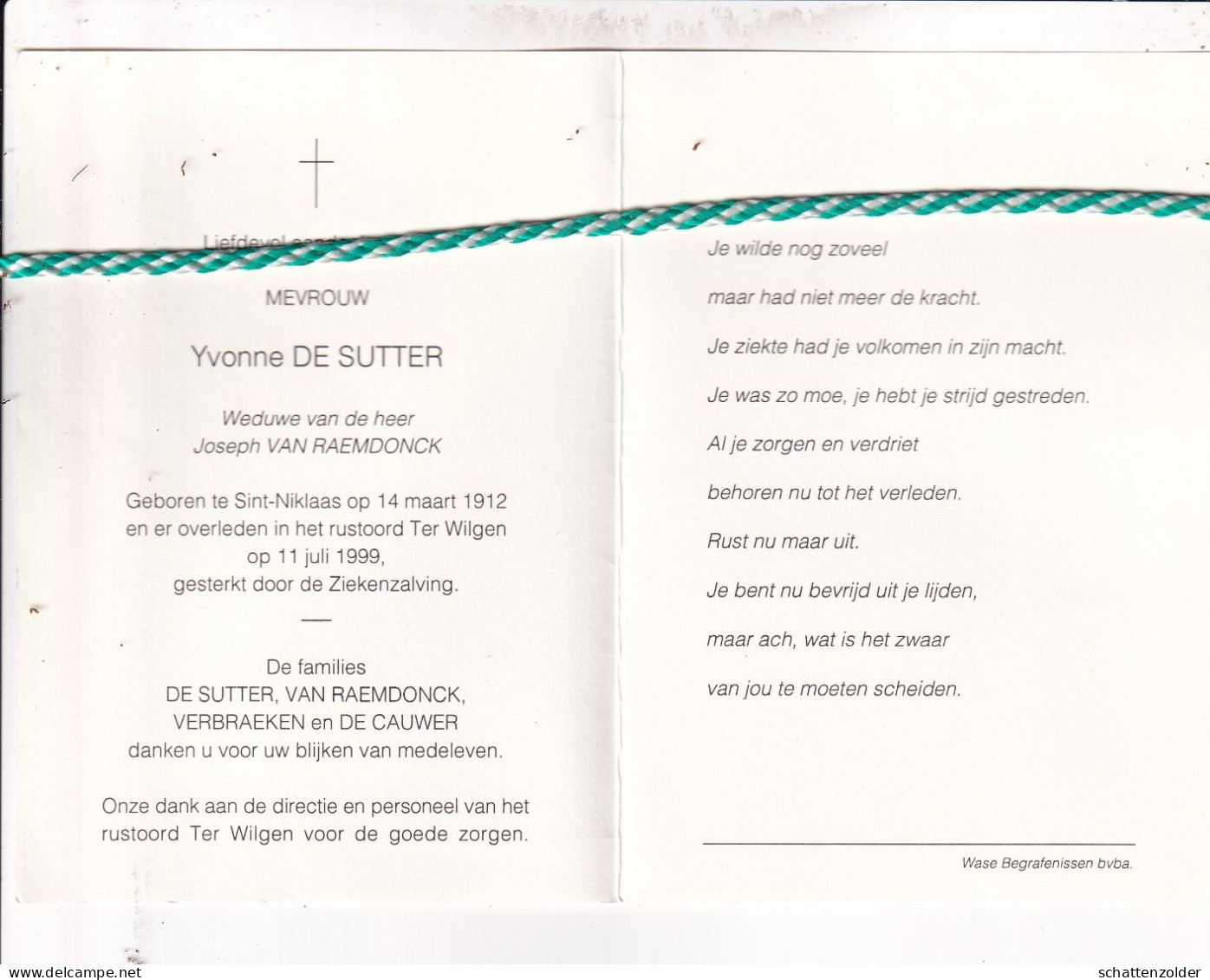 Yvonne De Sutter-Van Raemdonck, Sint-Niklaas 1912, 1999 - Décès