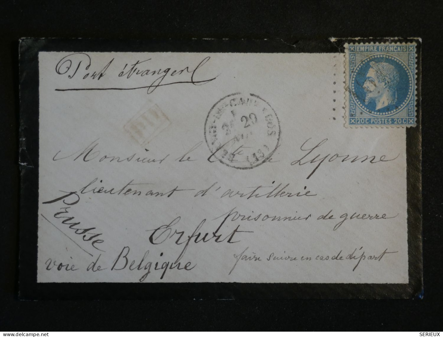 DP3  FRANCE  LETTRE  PORT ETRANGER  1860   A ORFURT PRUSSE VIA BELGIQUE + N°29    +AFF. INTERESSANT++ - 1849-1876: Période Classique