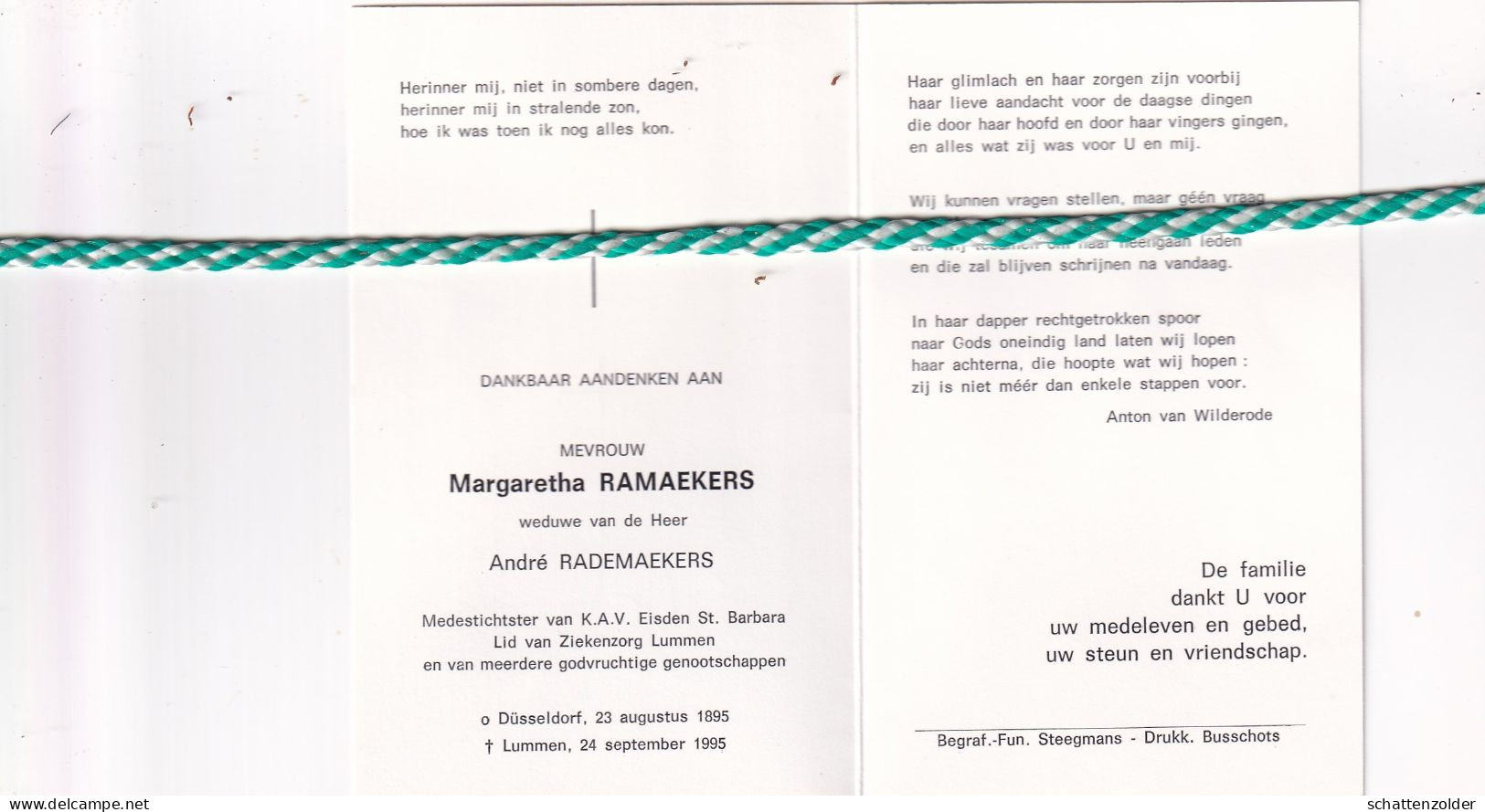 Margaretha Ramaekers-Rademaekers, Düsseldorf 1895, Lummen 1995. Honderdjarige - Décès
