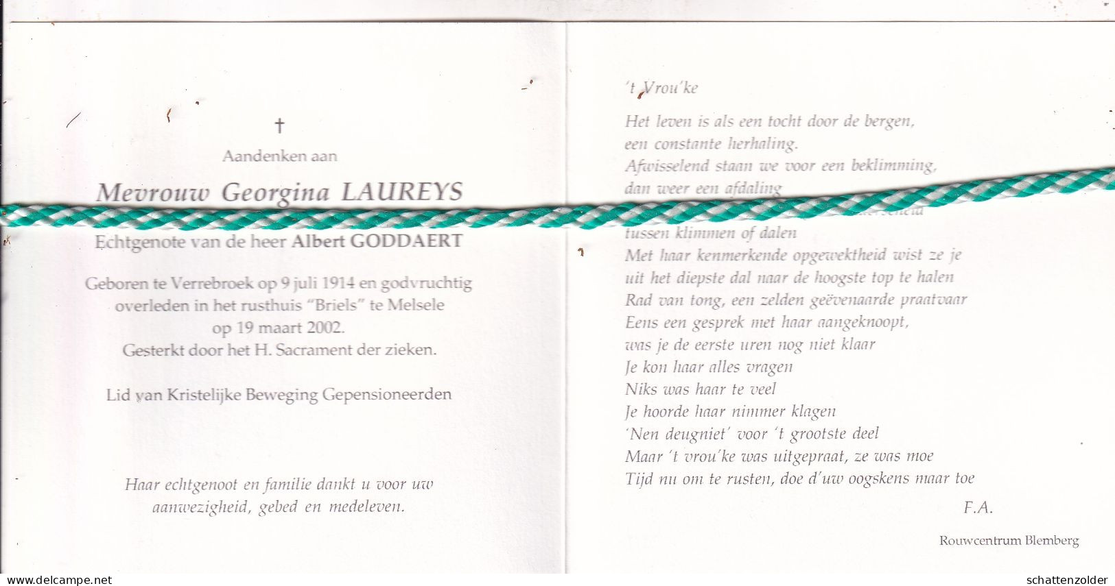 Georgina Laureys-Goddaert, Verrebroek 1914, Melsele 2002. Foto - Obituary Notices
