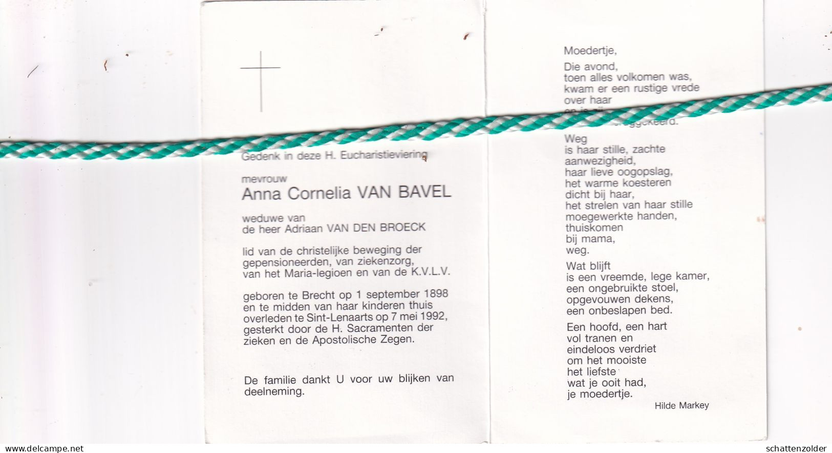 Anna Cornelia Van Bavel-Van Den Broeck, Brecht 1898, Sint-Lenaarts 1992 - Obituary Notices