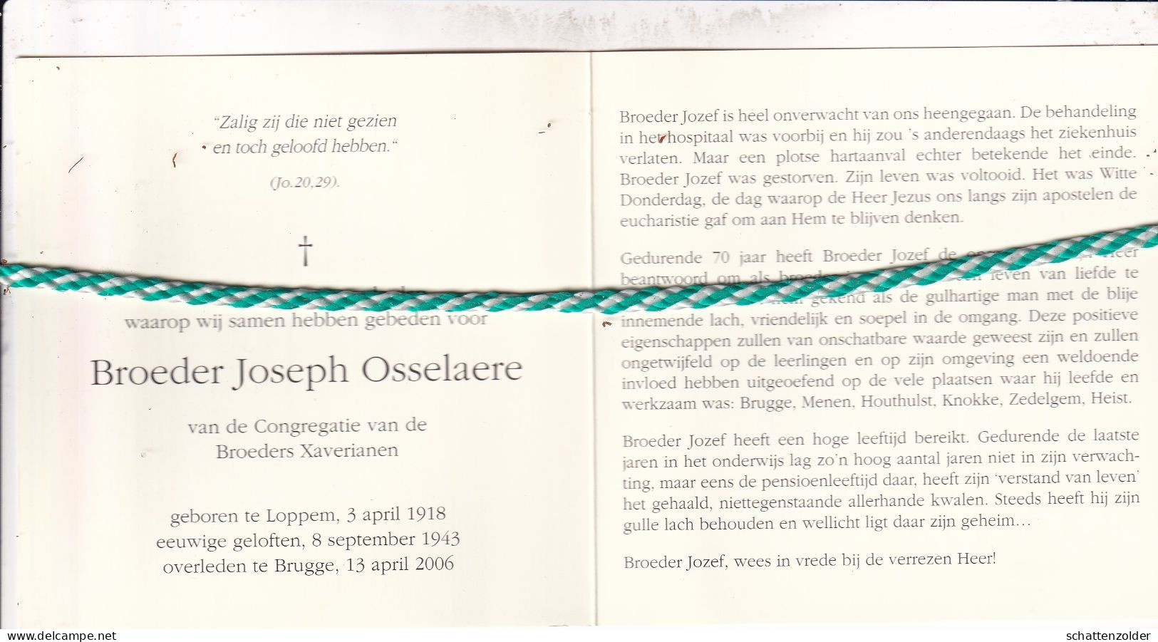 Broeder Joseph Osselaere, Loppem 1918, Brugge 2006. Foto - Todesanzeige