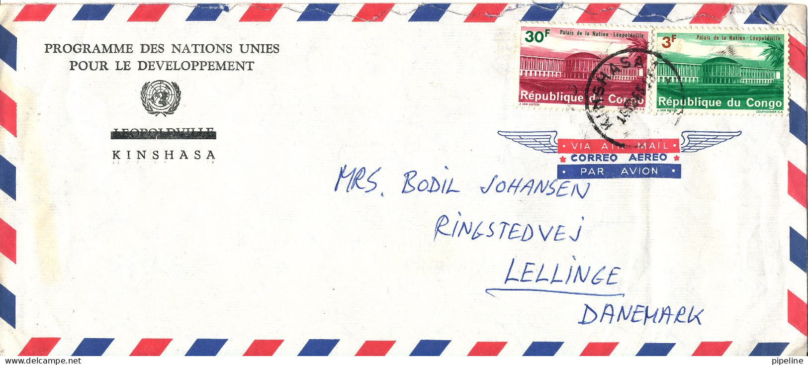 Congo Kinshasa Air Mail Cover Sent To Denmark 14-12-1965 The Cover Is Damaged At The Top By Opening - Covers & Documents