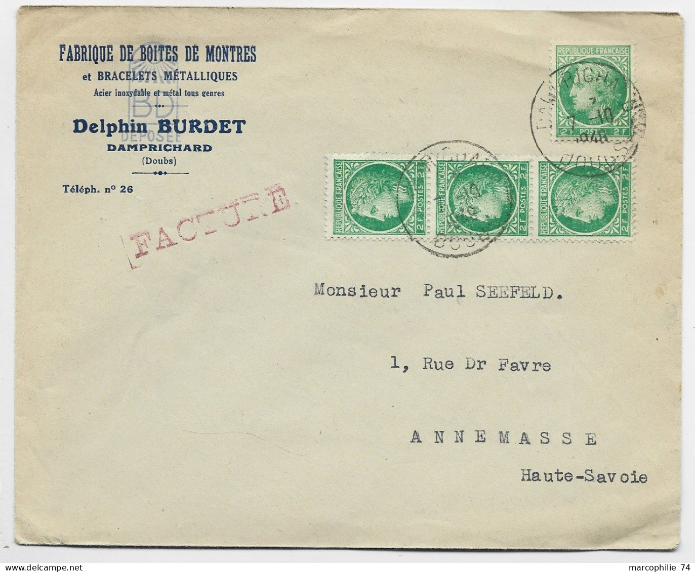 MAZELIN 2FRX4 LETTRE DAMPRICHARD DOUBS 1948 TARIF FACTURE - 1945-47 Ceres Of Mazelin