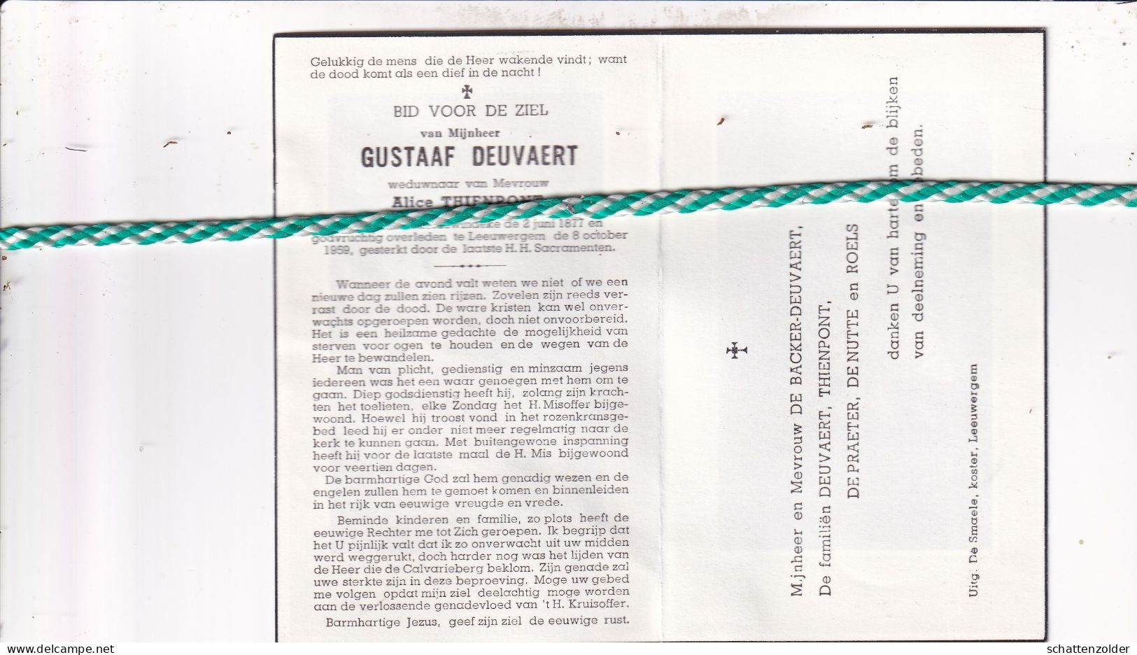 Gustaaf Deuvaert-Thienpont, Scheldewindeke 1877, Leeuwergem 1959 - Décès