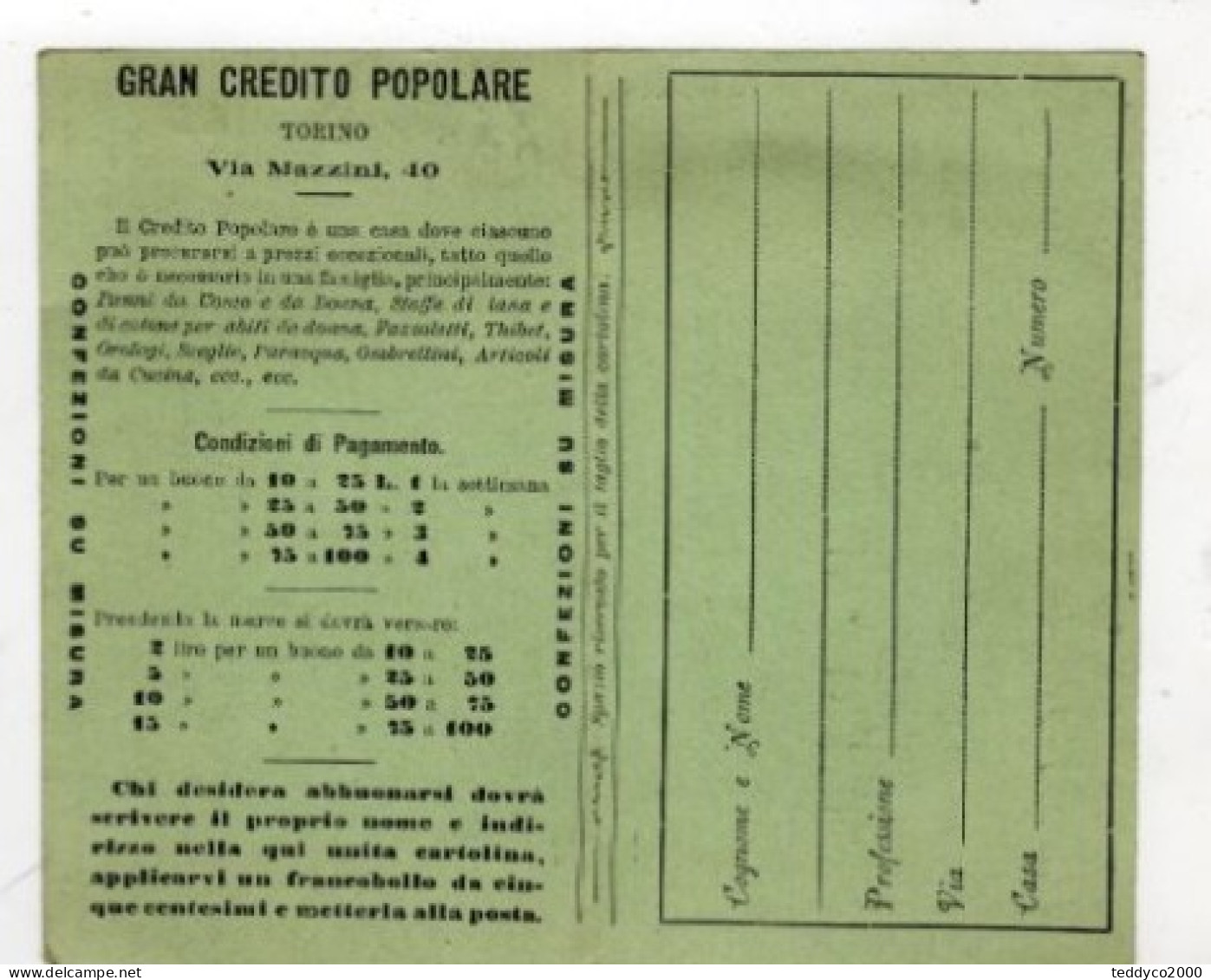 ITALIA GRAN CREDITO POPOLARE  TORINO 1910 Circa - Autres & Non Classés