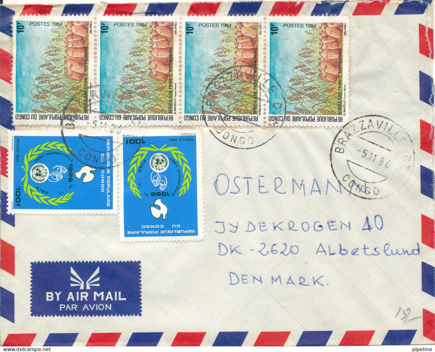 Congo Brazzaville Air Mail Cover Sent To Denmark 5-11-1986 With More Stamps - Oblitérés