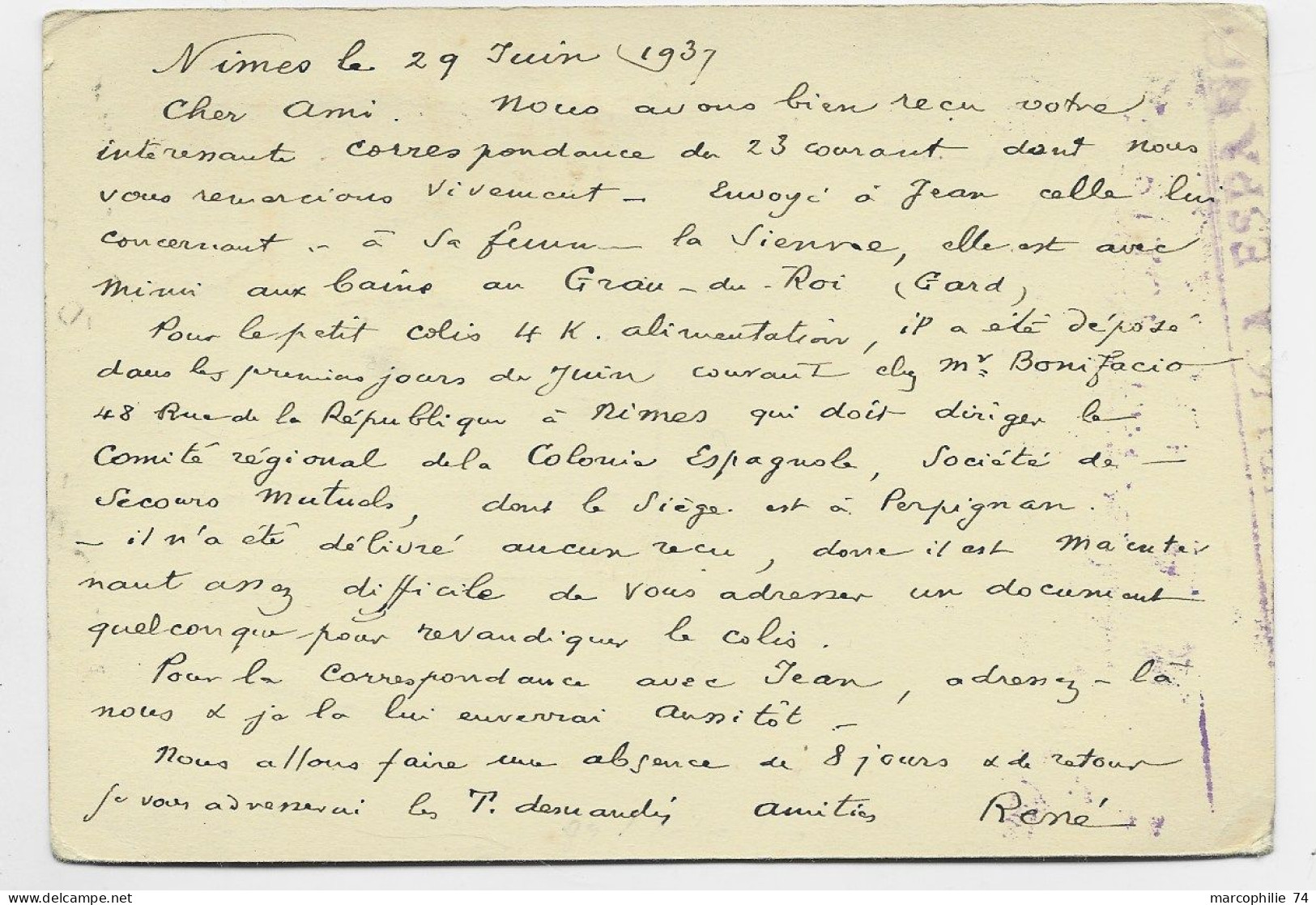 PAIX 40C ENTIER CP +50C NIMES GARE GARD 1937 POUR ESPAGNE CENSURA AU TARIF - 1932-39 Vrede