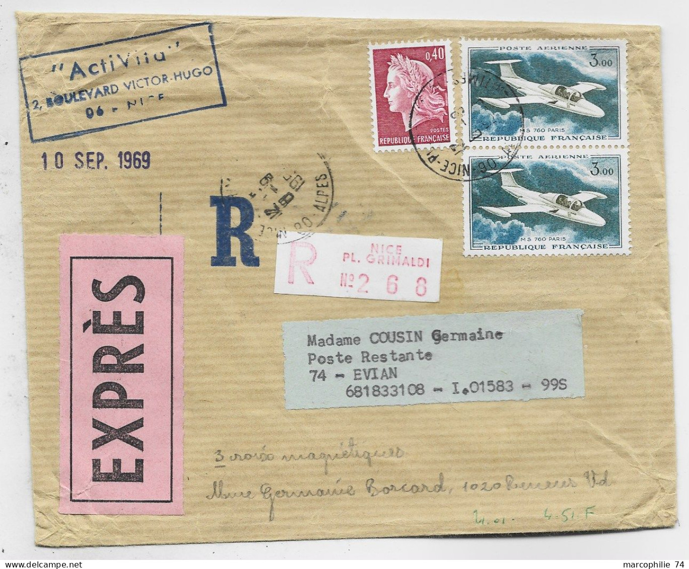 CHEFFER 40C + PA 3FR LETTRE REC EXPRES NICE 1969 POUR EVIAN AU TARIF - 1967-1970 Marianne Van Cheffer