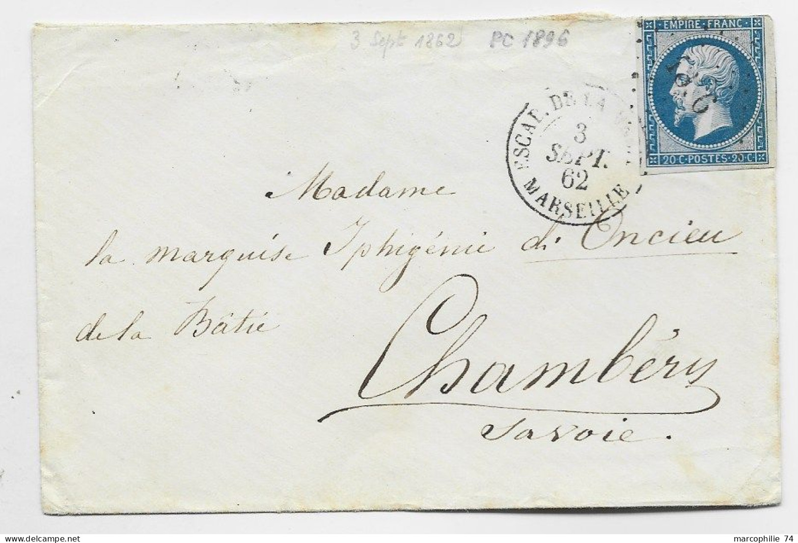 N° 14 EFFLEURE PC 1896 TYPE 15 ESCADRE DE LA MEDIT MARSEILLE 3 SEPT 1862 LETTRE MANQUE UN RABAT - 1849-1876: Période Classique