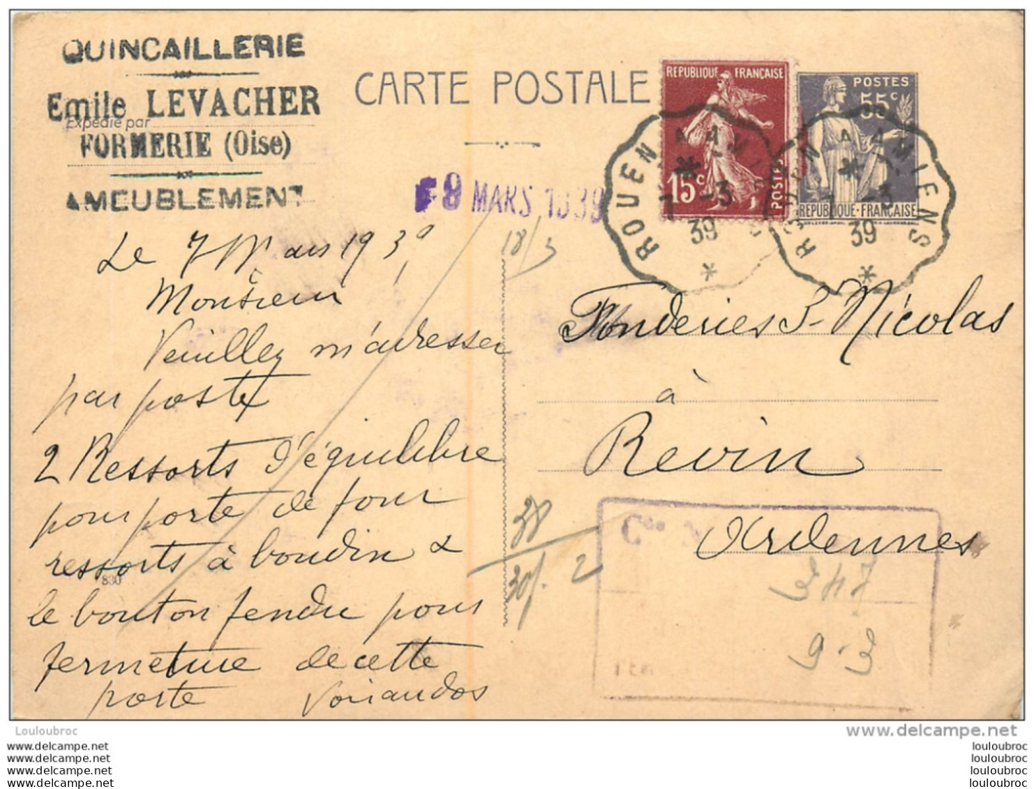 CARTE POSTALE ADRESSEE AUX FONDERIES SAINT NICOLAS A REVIN  EN  1939 - Revin