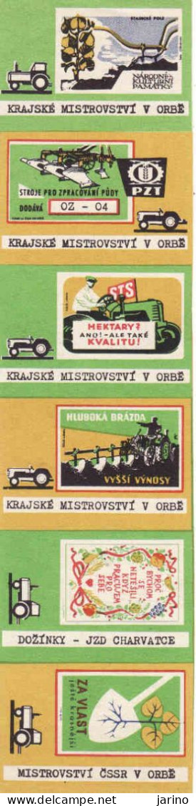 Czech Republic, 6 X Matchbox Labels, Czechoslovak Plowing Championships, Tractor, Plough - Boites D'allumettes - Etiquettes