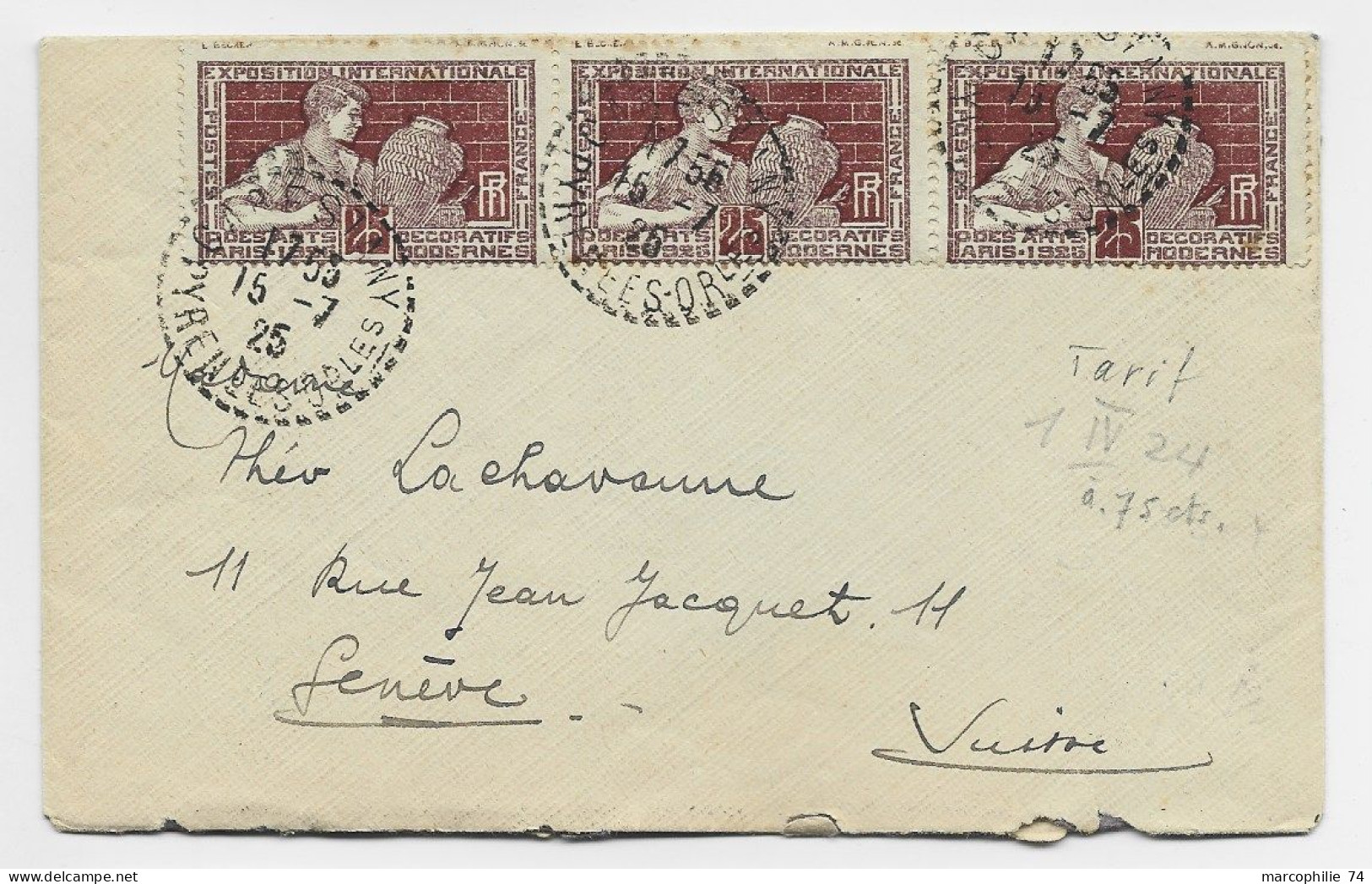 ARTS DECORATIFS 25C X3 LETTRE C. PERLE CARESTANY 15.7.1925 PYRENEES ORLES POUR SUISSE   AU TARIF - 1921-1960: Période Moderne