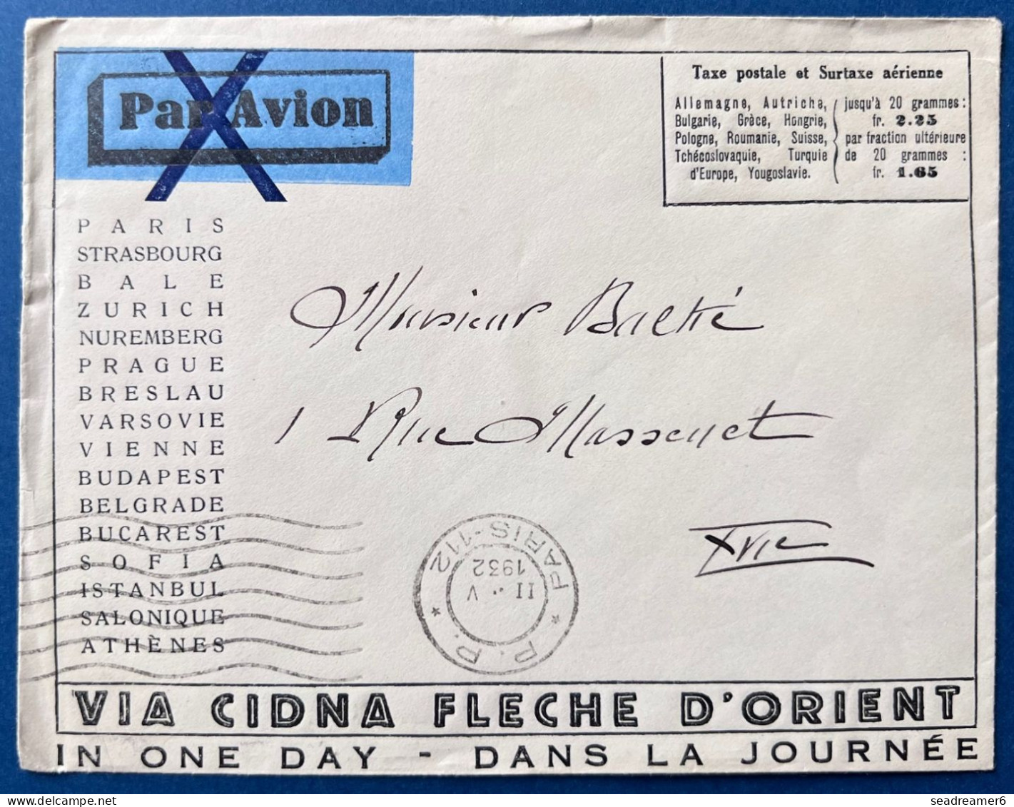 Lettre Poste Aerienne Pré-imprimée " VIA CIDNA FLECHE D'ORIENT " Utilisée à PARIS Obliteration Mecanique PP TTB - 1927-1959 Covers & Documents