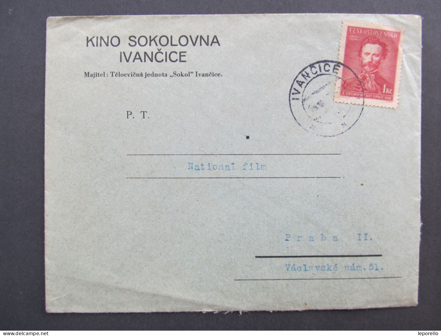 BRIEF Ivančice - Praha Kino National Film 1938 // Aa0112 - Covers & Documents