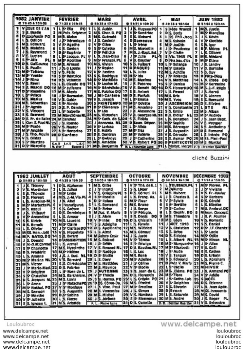 CALENDRIER 1982 CODEC  CLICHE BUZZINI - Petit Format : 1981-90