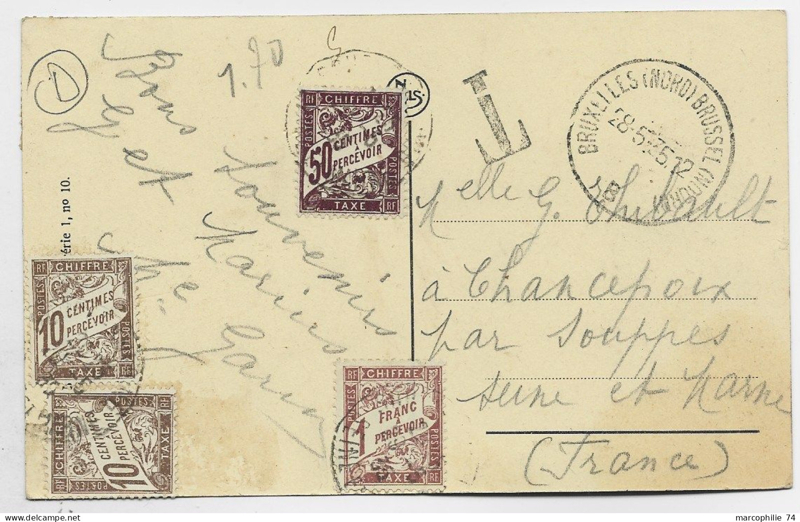 TAXE 10CX2+50C+1FR SOUPPES 1935 SUR CARTE BELGIQUE 35C NEUF AU RECTO CARTE BRUXELLES - 1859-1959 Briefe & Dokumente