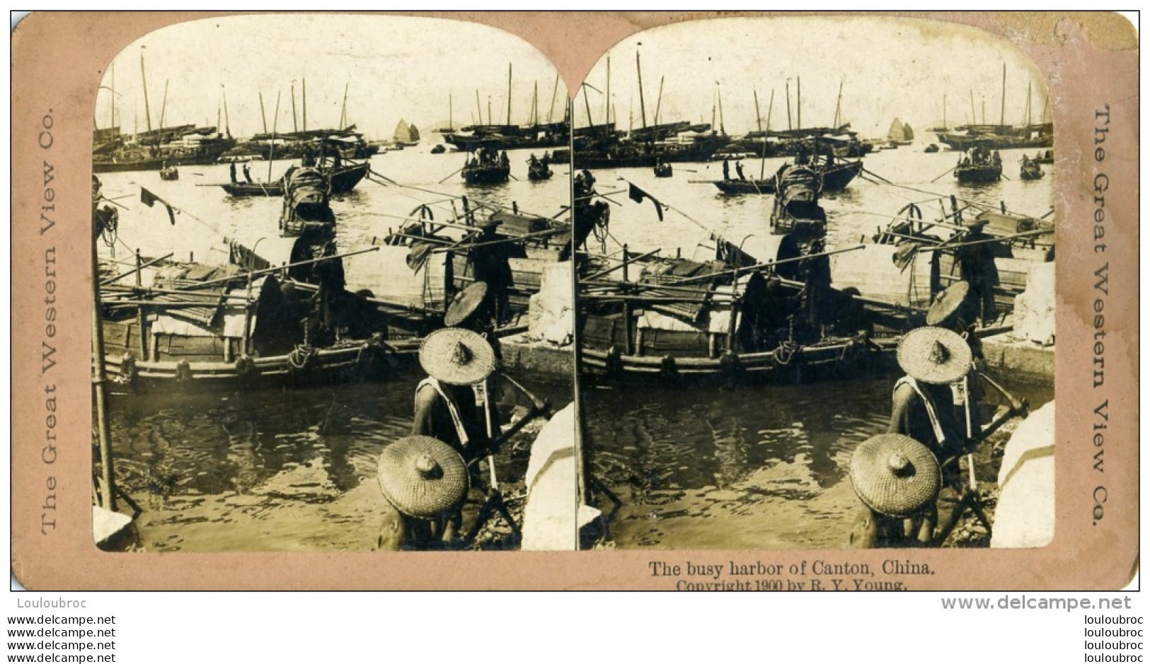 CHINE CANTON CARTE STEREO SUR CARTON THE BUSY HARBOR OF CANTON - Chine