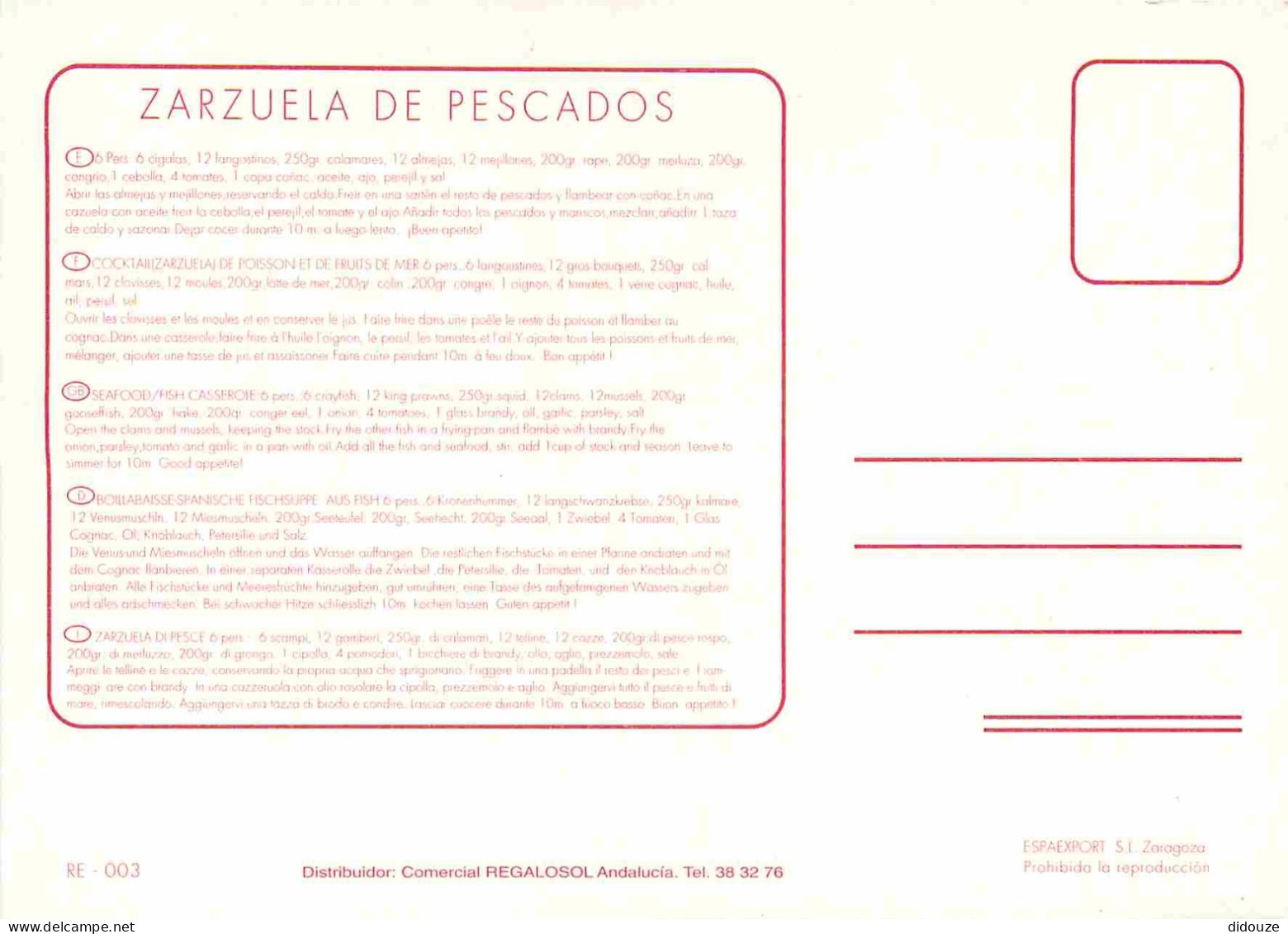 Recettes De Cuisine - Zarzuela De Pescados - Gastronomie - CPM - Carte Neuve - Voir Scans Recto-Verso - Recepten (kook)