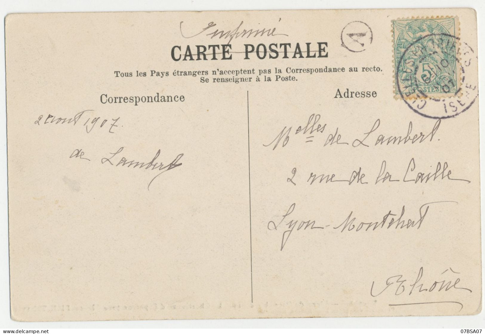 BOITE RURALE ISERE CP 1907 CLELLES EN TRIEVES T84 + BOITE RURALE A = PAR LA CP LA CHARTREUSE - 1900-29 Blanc