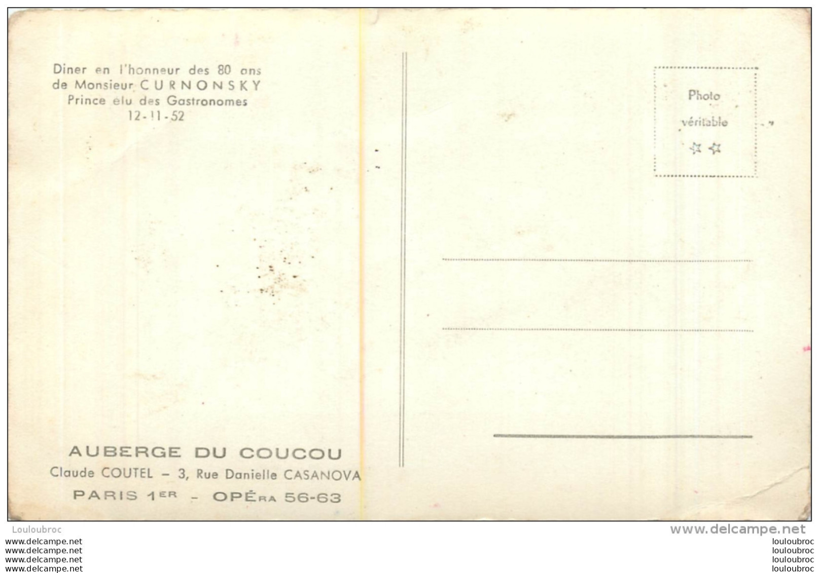 PARIS 1  AUBERGE DU COUCOU CLAUDE COUTEL 3 RUE D. CASANOVA  DINER EN HONNEUR A MR CURNONSKY 1952 - Paris (01)