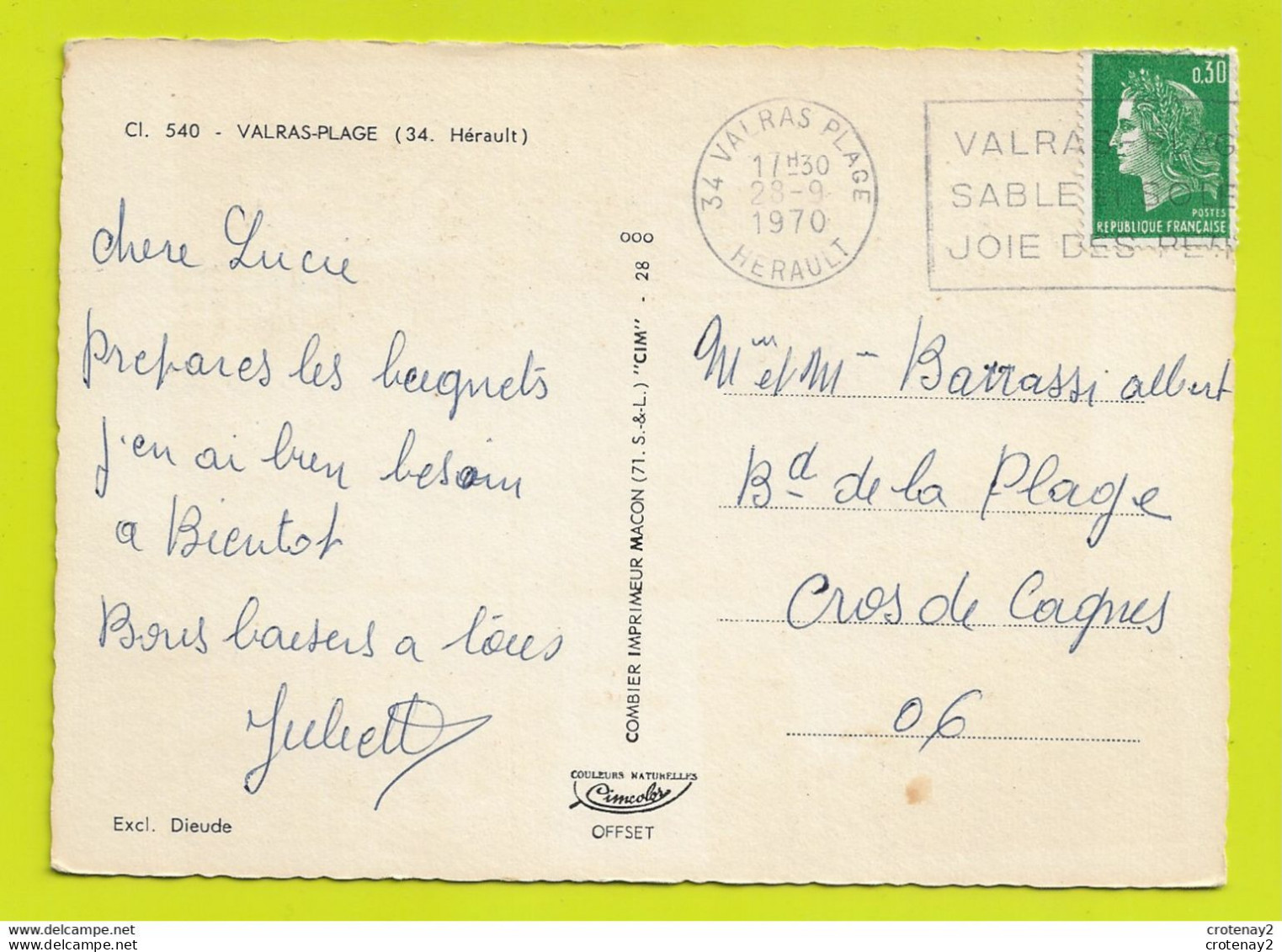 34 VALRAS PLAGE Vers Béziers N°540 Phare Jetée Château D'eau VOIR DOS Et Flamme En 1970 - Beziers