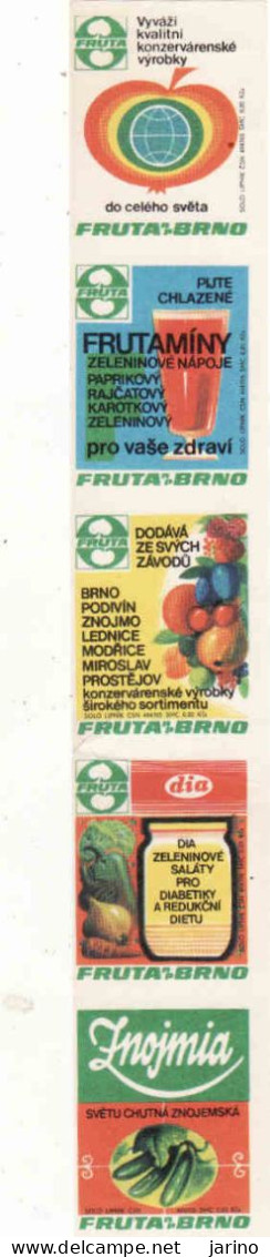 Czech Republic, 5 X Matchbox Labels, Fruta Brno - Cannery, Fruit Vegetables Drinks Salads, Znojmia - Luciferdozen - Etiketten
