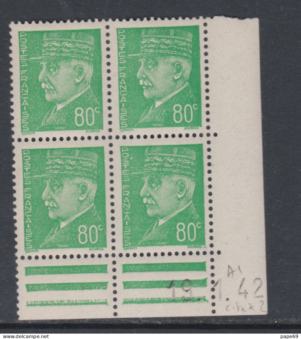 France N° 513 XX : Type Mal Pétain : 80 C. Vert En Bloc De 4 Coin Daté Du 19 . 1 . 42 ;  Sans Charnière, TB - 1940-1949