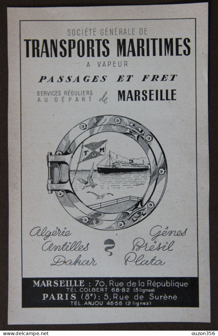 Publicité : Cie Navigation Mixte Marseille, Algérie, Tunisie ; Sté Transports Maritimes à Vapeur, 1951 - Publicités