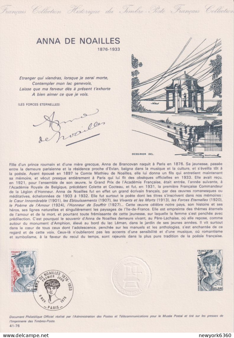 1976 FRANCE Document De La Poste Anna De Noailles N° 1898 - Postdokumente