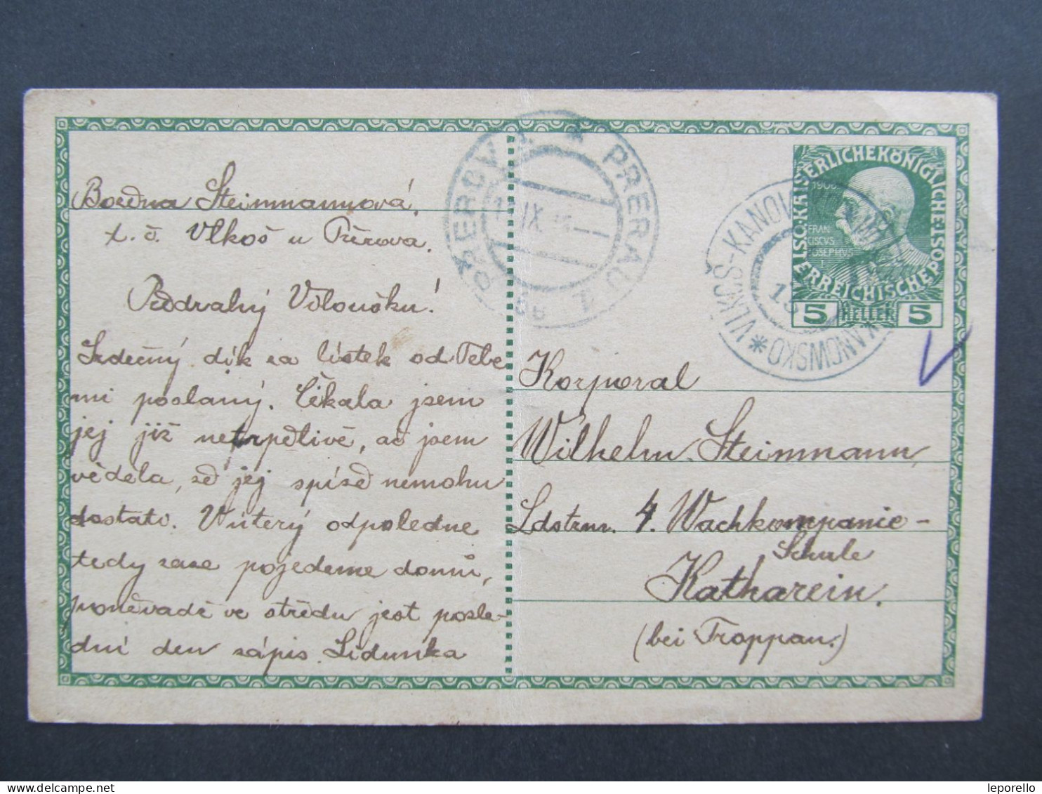 GANZSACHE Vlkoš Kanovsko Přerov - Opava 1915 // Aa0126 - Lettres & Documents