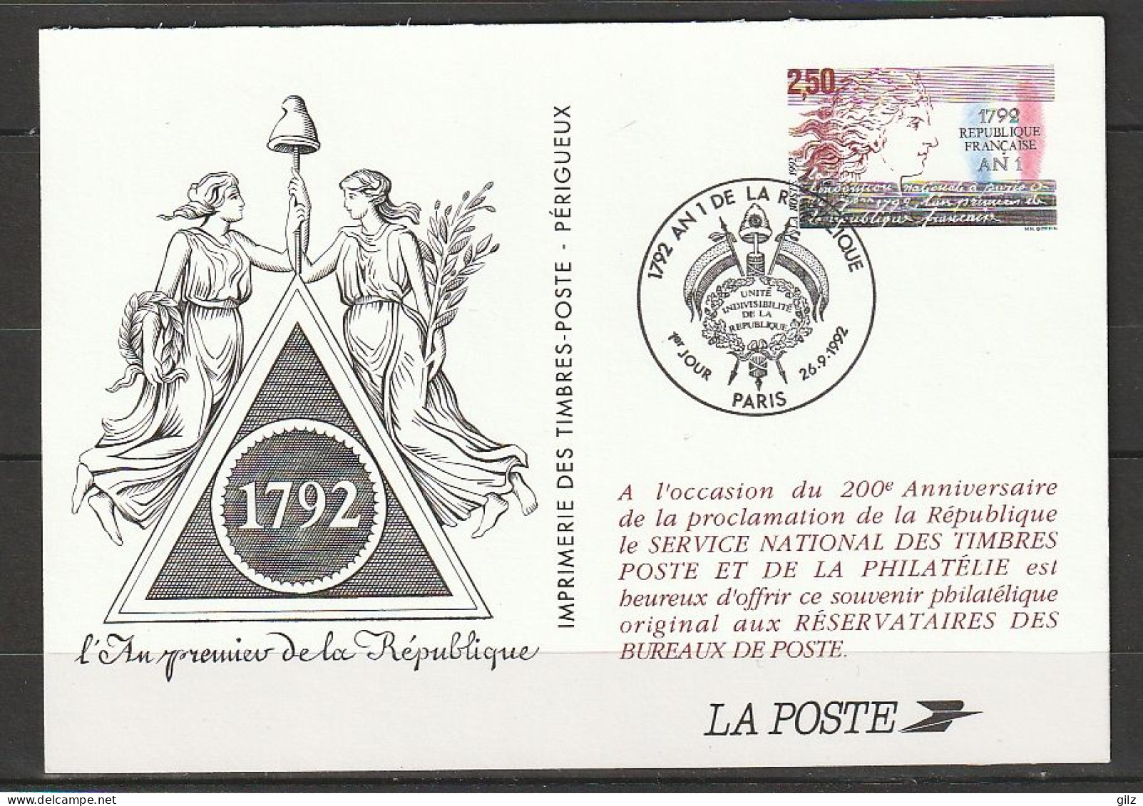 FRANCE - PSEUDO ENTIER DU N° Yt 2771 (AN 1 DE LA RÉPUBLIQUE) OBLITÉRÉ DE PARIS DU 26/9/1992 - Sonderganzsachen