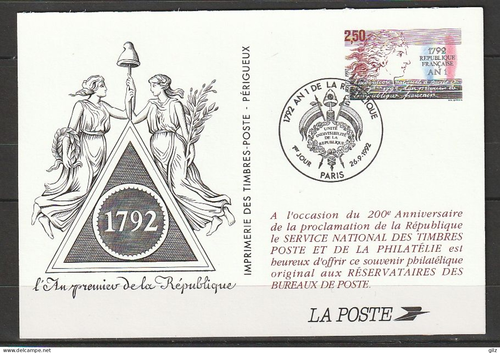 FRANCE - PSEUDO ENTIER DU N° Yt 2771 (AN 1 DE LA RÉPUBLIQUE) OBLITÉRÉ DE PARIS DU 26/9/1992 - Official Stationery