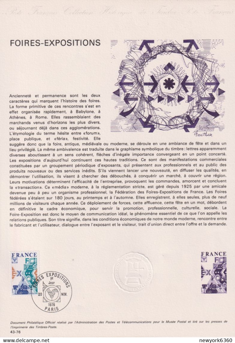 1976 FRANCE Document De La Poste Foires Expositions N° 1909 - Documenten Van De Post