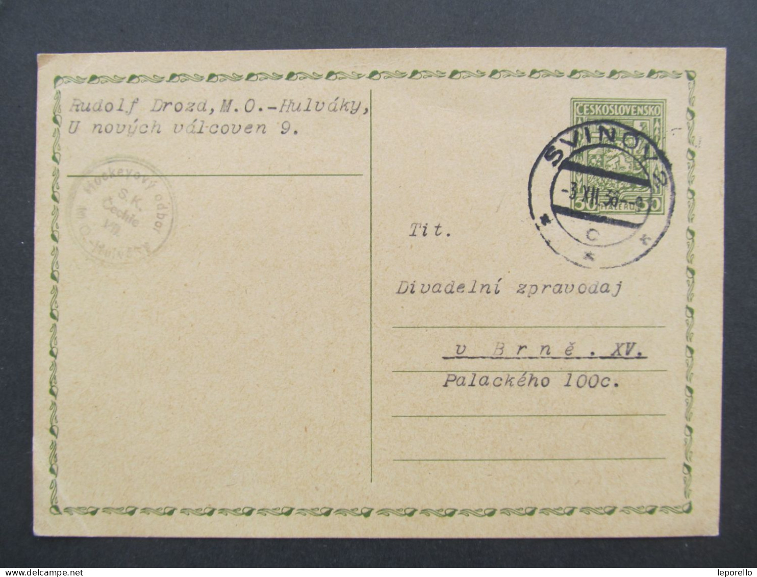 GANZSACHE Ostrava Svinov Hulváky - Brno Hokej Hockey 1936 / Aa0138 - Briefe U. Dokumente