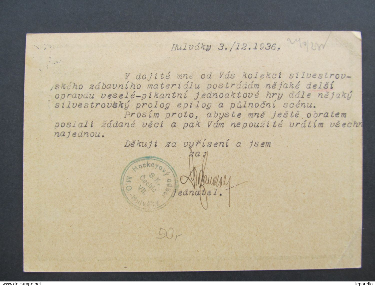 GANZSACHE Ostrava Svinov Hulváky - Brno Hokej Hockey 1936 / Aa0138 - Lettres & Documents