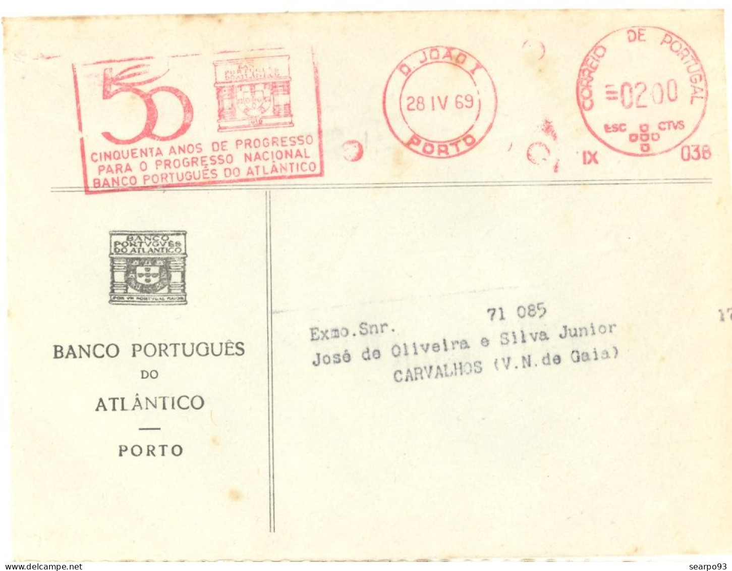 PORTUGAL. METER SLOGAN. 50th ANNIV. BANCO PORTUGUES DO ATLANTICO. BANK. PORTO. 1969 - Marcophilie