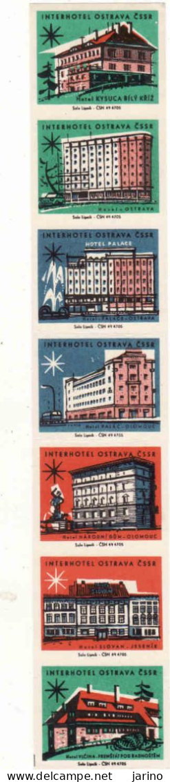 Czech Republic, 7 X Matchbox Labels, Interhotel Ostrava, Hotel Kysuca, Palace, Národní Dum, Slovan Jeseník, Vlčina - Scatole Di Fiammiferi - Etichette