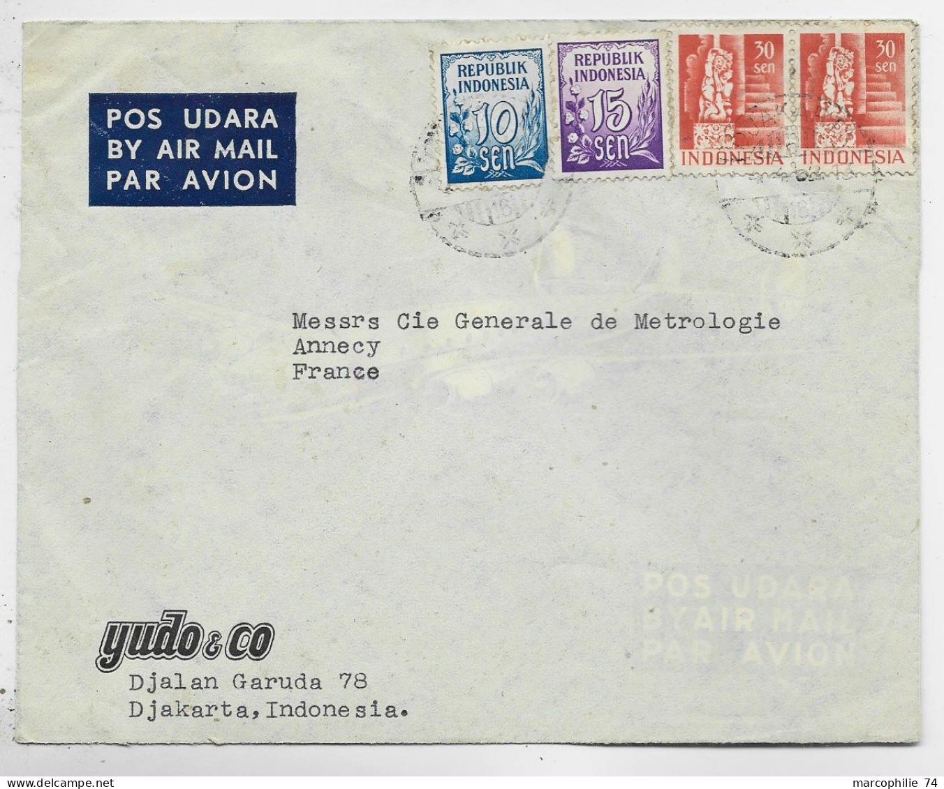 INDONESIA 10S+15S+30SX2 LETTRE COVER AVION DJARKARTA 1952 TO FRANCE - Indonesia