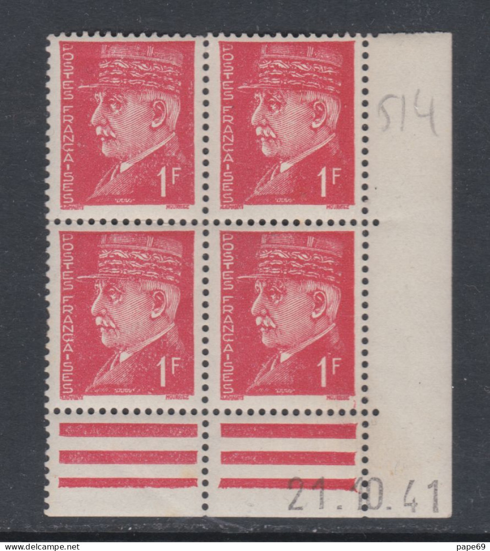 France N° 514 XX : Type Mal  Pétain : 1 F. Rouge En Bloc De 4 Coin Daté Du 21 . 10 . 41 ; Ss Point Blanc ; Sans Ch., TB - 1940-1949