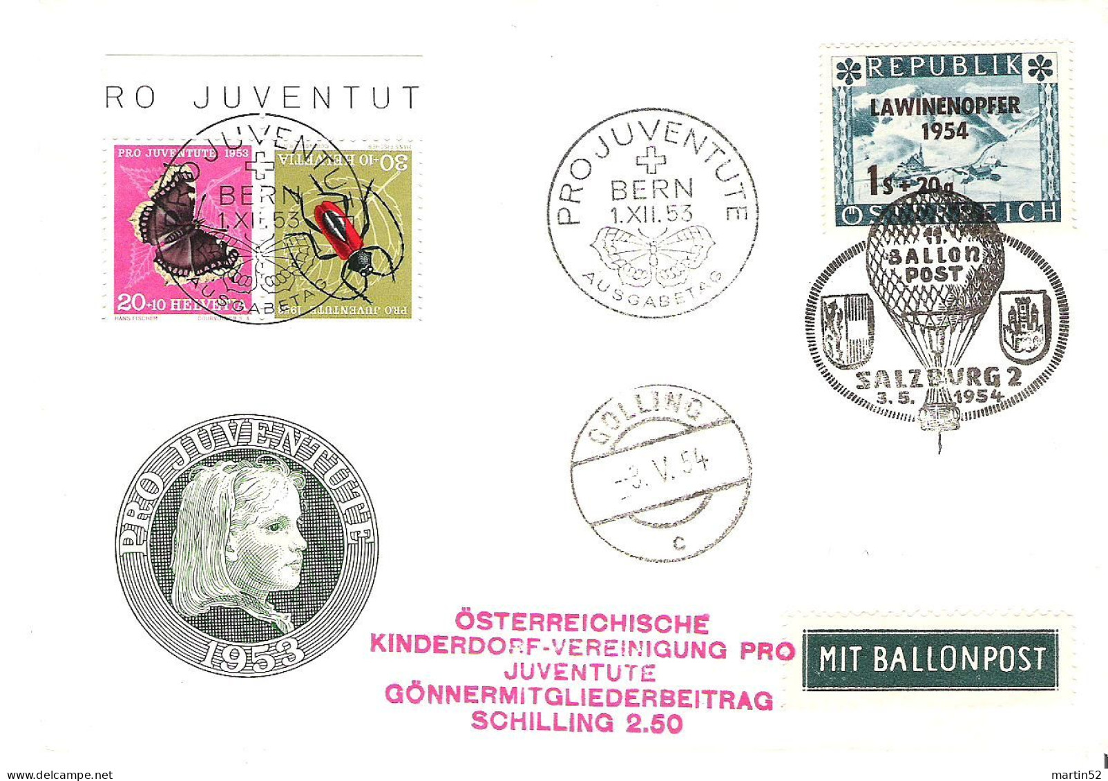 Schweiz PJ 1953: Kehrdruck K44 Auf FDC Mit ⊙ BERN 1.XII.53 Mit BALLONPOST SALZBURG 3.5.54 Nach Golling - Tête-bêche