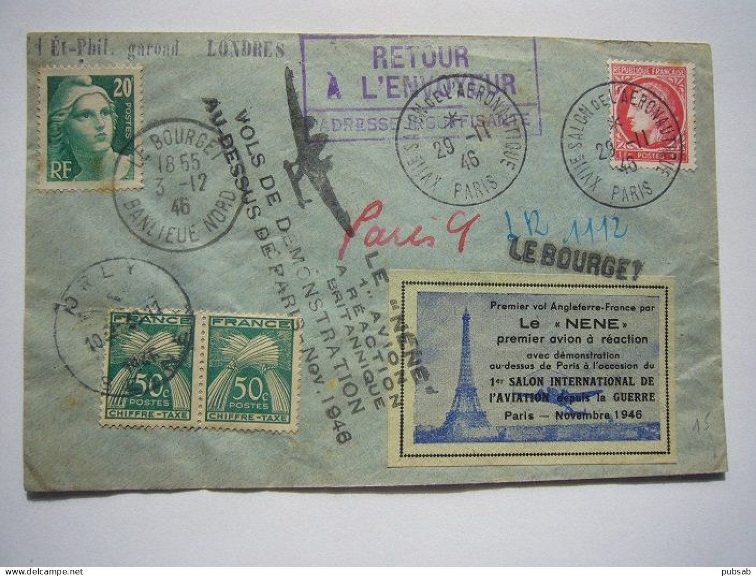 Avion / Airplane / Le "néné" / 1st Flight Orly - London - Le Bourget / 1946 / First Jet Plane - 1927-1959 Lettres & Documents