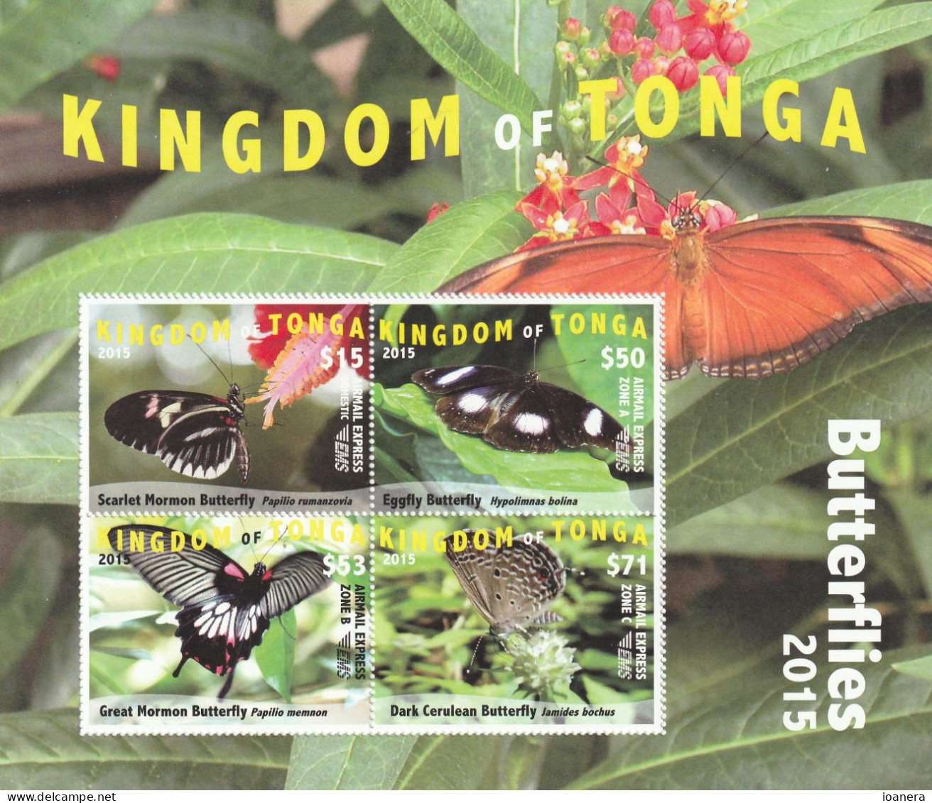 Tonga  2015 - Fauna , Butterflies , Block , 4 Values , Perforated , MNH , Mi.Bl.80 - Tonga (1970-...)