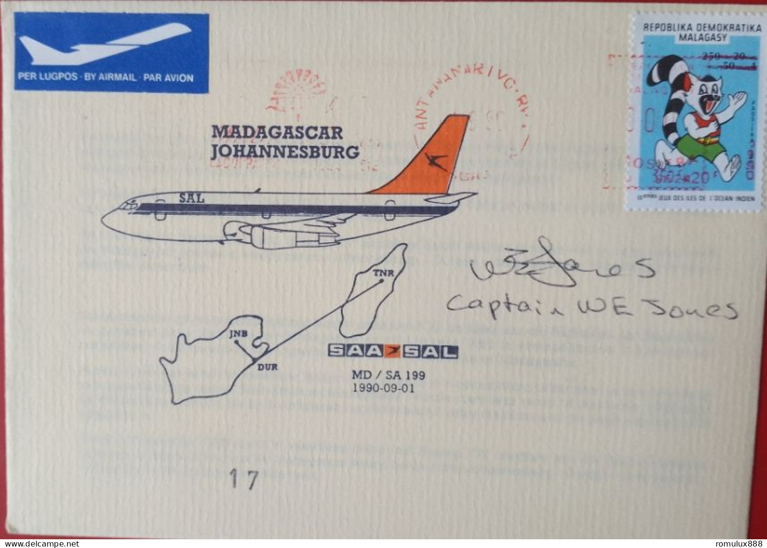 SAA #17 MADAGASCAR-JHB 1990 SIGNED BY CAPTAIN-SCARCE - Lettres & Documents