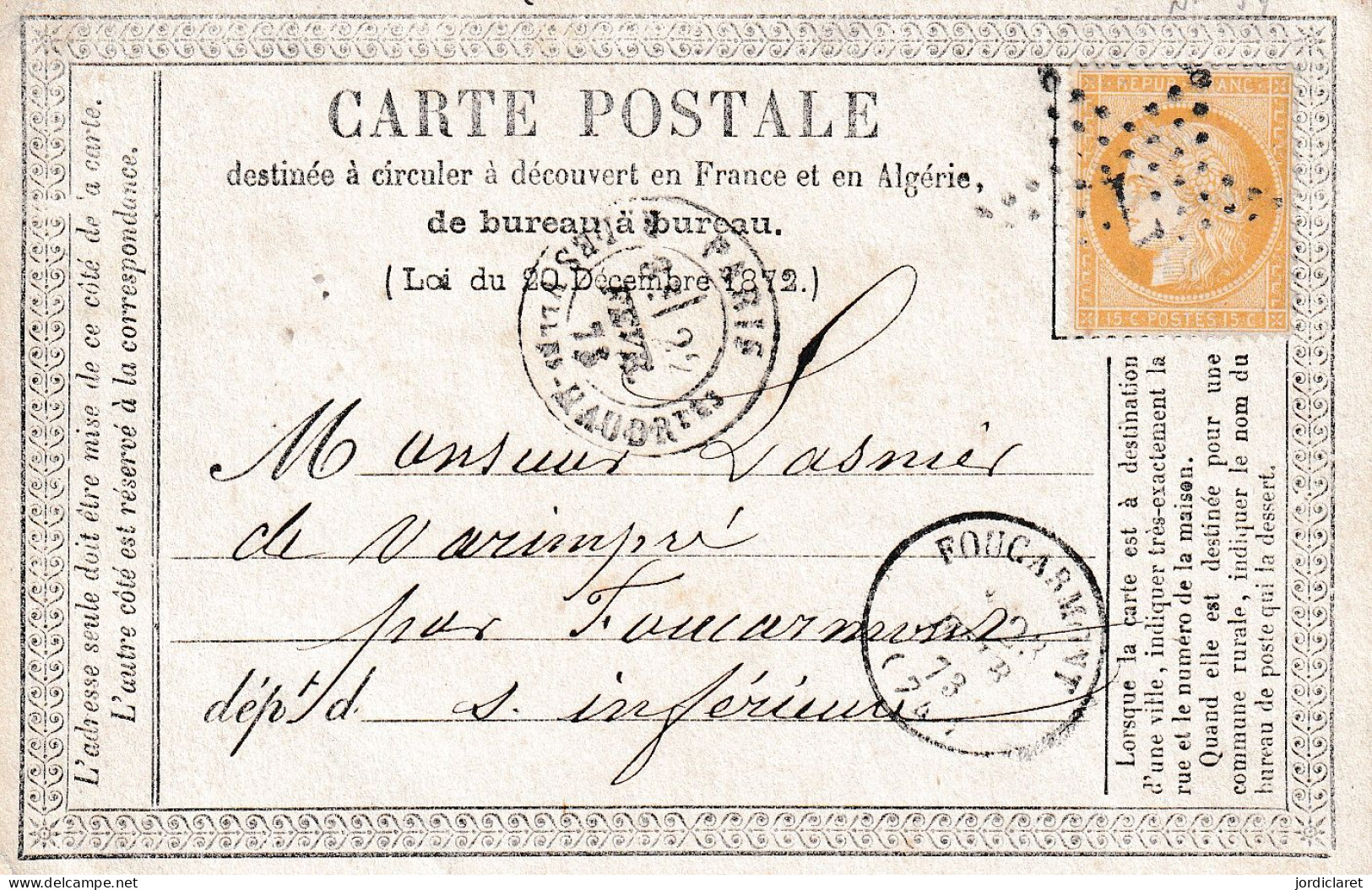CARTE POSTALE 1873 - 1871-1875 Cérès