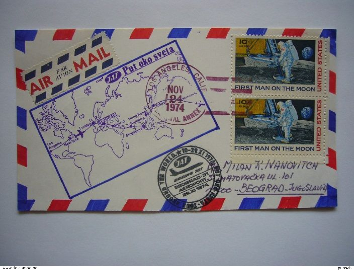 Avion / Airplane / JAT / Boeing 707 / Airmail Tour Around The World / Stamp (first Man On The Moon) - 1946-....: Ere Moderne