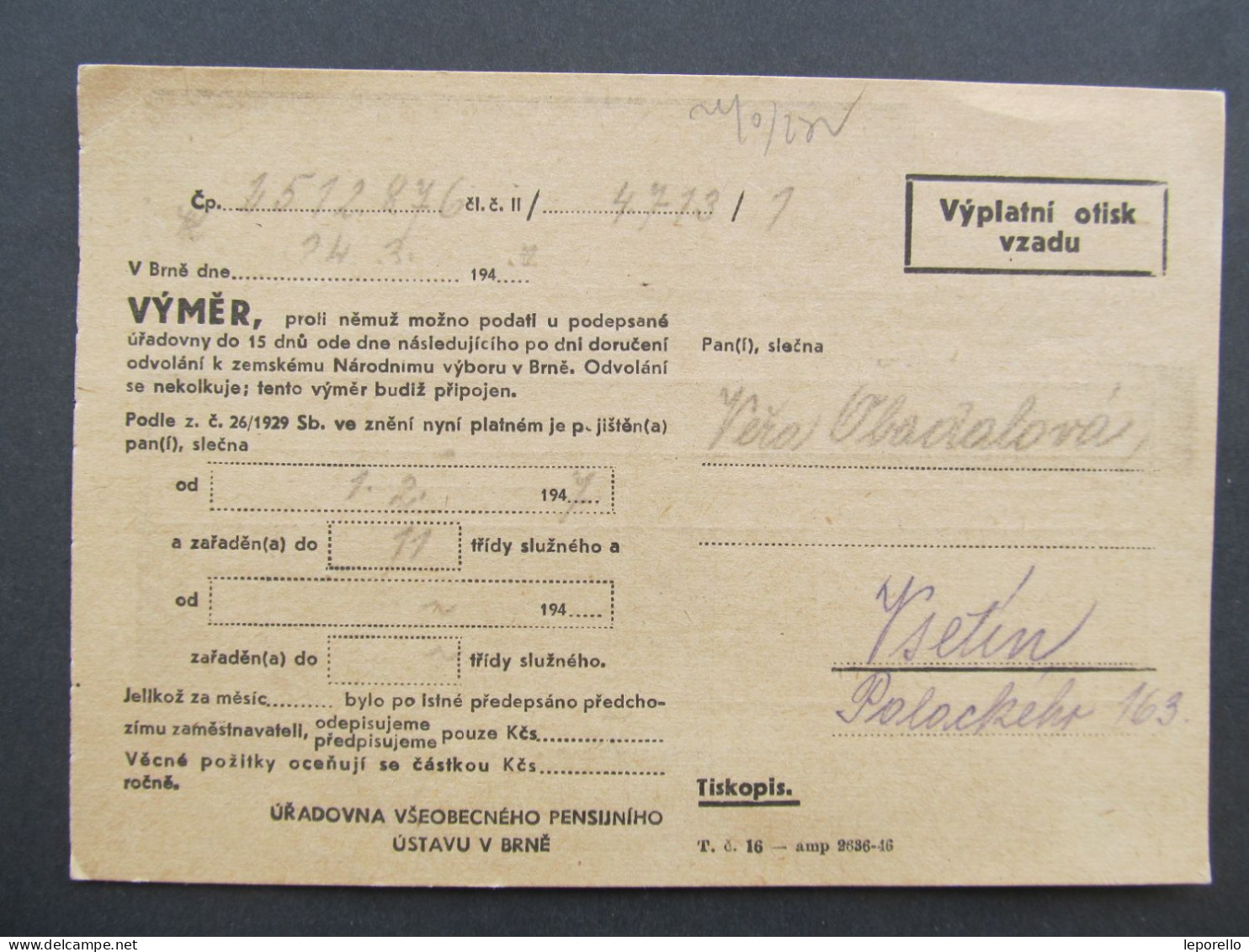 KARTE Brno - Vsetín 1947 Frankotyp Úřadovna Všeob. Pens. Frankotype Postfreistempel  // Aa0168 - Briefe U. Dokumente