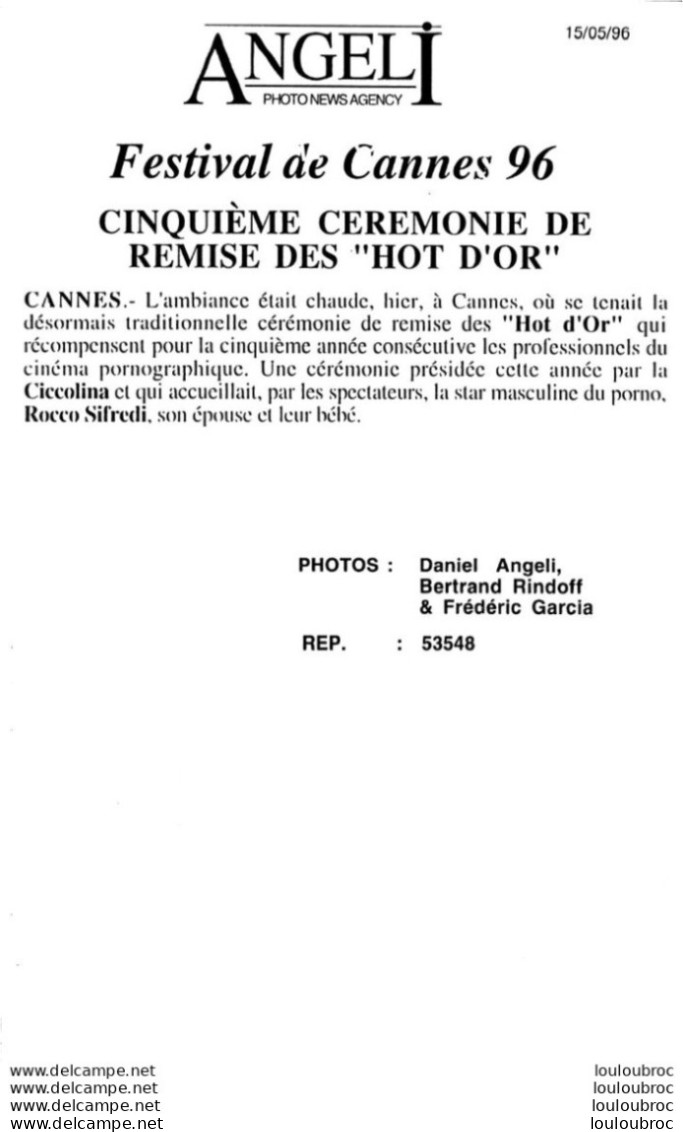 FESTIVAL DE CANNES 96 CEREMONIE DE REMISE DES HOT D'OR  PHOTO DE PRESSE ANGELI 27 X 18 CM R2 - Pin-up