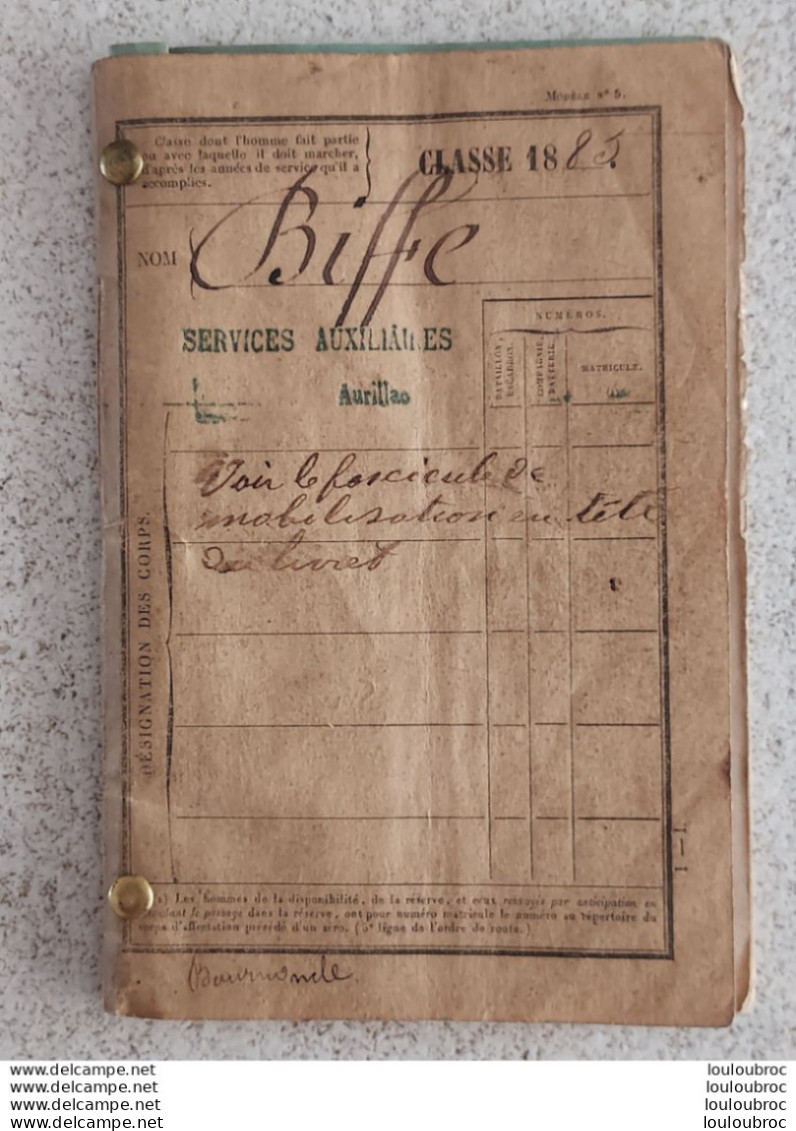 LIVRET MILITAIRE  BIFFE PIERRE CLASSE 1885 BIFFE PIERRE NE A BOURMONCLE HAUTE LOIRE EN 1865 - Documents